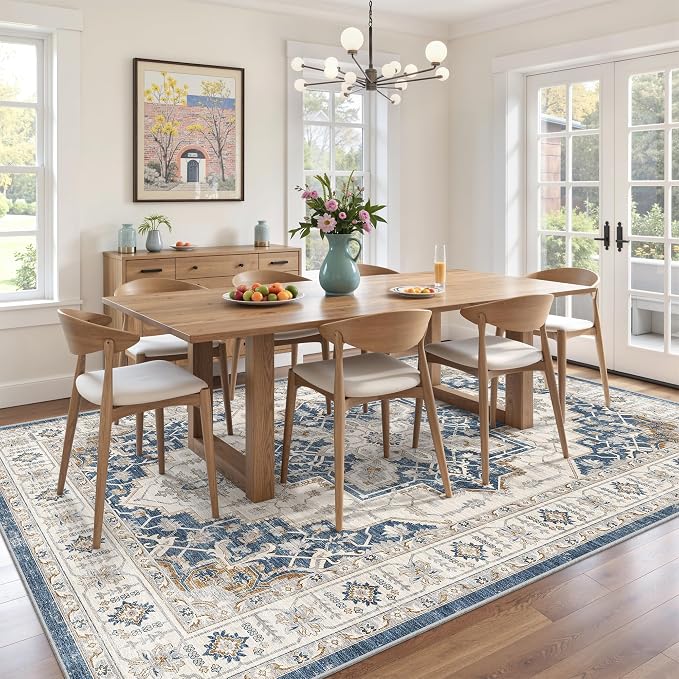 befbee 6x9 Area Rug for Living Rooms, Stain Resistant Neutral Washable Rugs for Dining Rooms, Floral Vintage Non-Slip Thin Large Size Area Rugs(Blue)