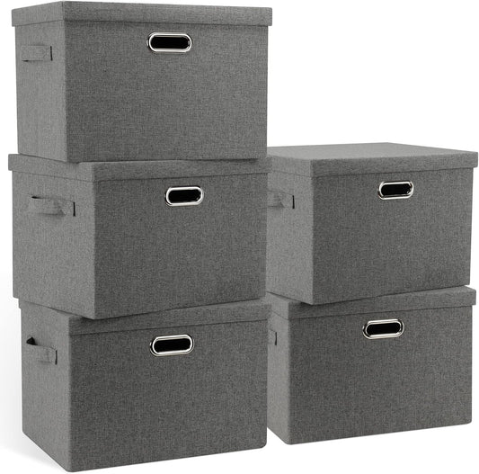 Large 17" 36 Quart Collapsible Stackable Storage Bins with Lids, 5 Packs Gray Foldable Fabric Closet Storage Boxes with Lids, Heavy-duty Linen Cube Baskets(17 x 12 x 11)
