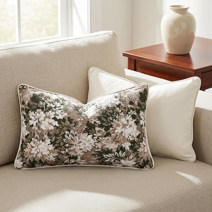 Vintage Floral Throw Pillow Covers 12x20 Inches Set of 2 Lumbar Boho Farmhouse Pillow Cases Premium Chenille Textured Decorative Cushion Covers for Couch Retro Garden Farmhouse Style Green