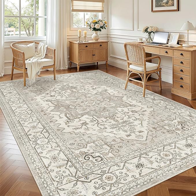 Madane 5x7 Area Rugs for Living Room, Non-Slip Washable Rug, Beige/Brown | Ultra-Thin Stain Resistant Vintage Large 5'X7' Carpet, Soft Low Pile Floor Mat For Bedroom Dining Room Office Home Decor