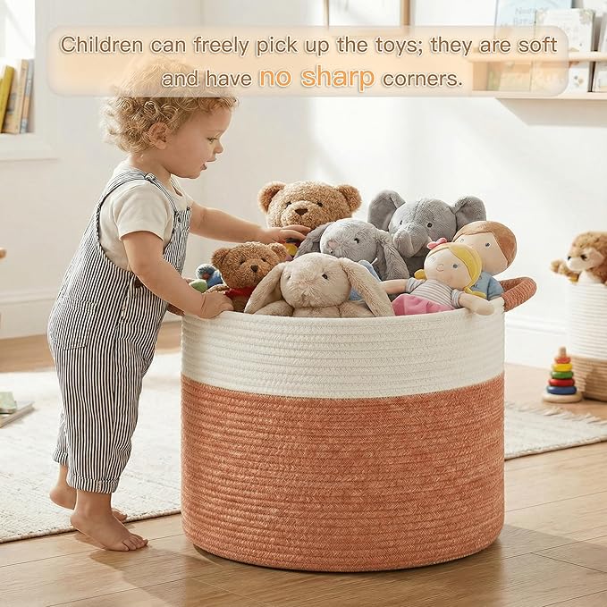 Artfeel 70L Large Cotton Rope Basket, Decorative Woven Blanket Storage for Living Room, Boho Toy Storage & Toy Box for Kids, Versatile Laundry Basket & Nursery Hamper for Blankets(Orange)