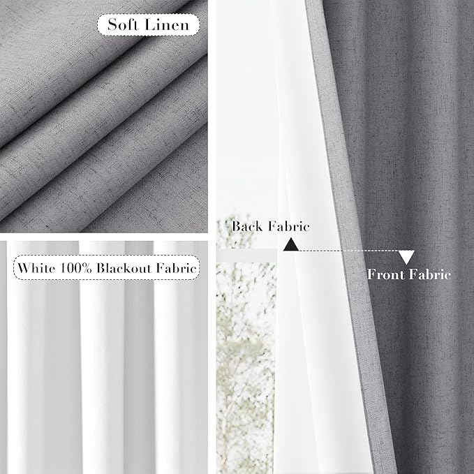 Joywell 100% Blackout Linen Curtains 80 Inches Long for Bedroom Black Out Curtain 2 Panel Set Rod Pocket Back Tab Room Darkening Drapes for Dining Room Office Window 52 x 80,Light Gray