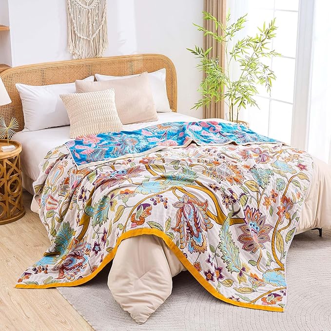 XIBLC Boho Throw Blanket for Bed, 100% Cotton Soft Rustic Quilt Fall Blanket, 80"x90" Floral Printed Farmhouse Decor Bed Blankets, All Season Rustic Reversible Bohemian Throw Quilt