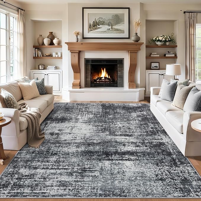 Area Rugs Living Room Rug - 4x6 Washable Modern Abstract Soft Neutral Non-Slip Carpet Large Indoor Floor Thin Carpets for Bedroom Dining Room Farmhouse Nursery Home Office Dark Black