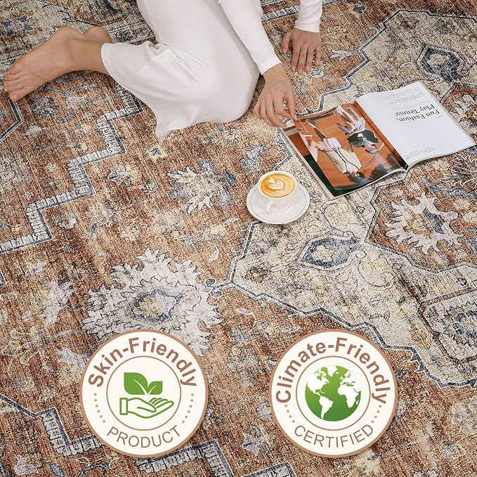 8x10 Area Rugs Living Room: Washable Boho Large Neutral Vintage Soft Rug Stain Resistant Farmhouse Non-Slip Indoor Floor Carpet for Bedroom Nursery Kids Playroom Office Dining Room- Terracotta