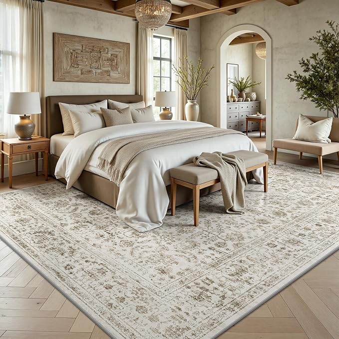 8x10 Area Rugs for Living Room, Washable Vintage Retro Floral Rug, Low Pile Non Slip Distressed Large Carpet for Bedroom, Dining Room, Office, Home (Brown)