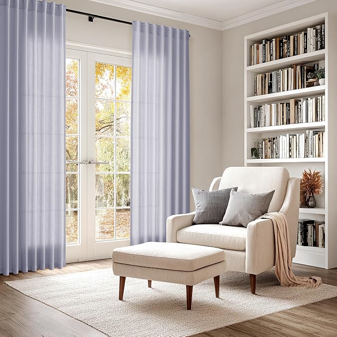 Nanspring Lavender Purple Linen Curtains 90 Inches Long for Living Room Boho Decor Light Filtering Semi Sheer Curtain Back Tab and Rod Pocket Modern Luxury Drapes for Bedroom Office 52x90, 2 Panels