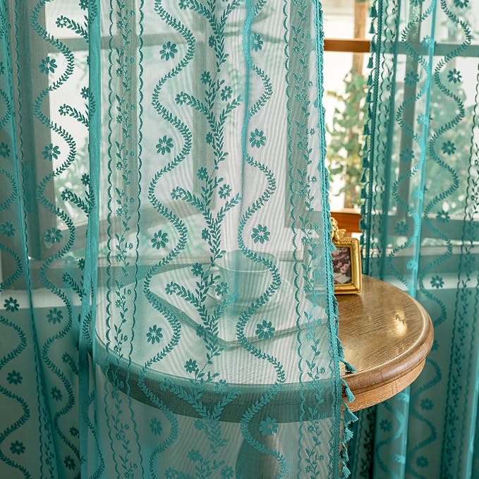 WAZZIO Boho Lace Curtains 2 Panels 63 Inch -Victorian Sheer Panel Drape French Country Floral Pattern & Tassel Light Filtering Privacy for Bedroom Dining Living Room,Coastal Decor,Teal,W52x L63
