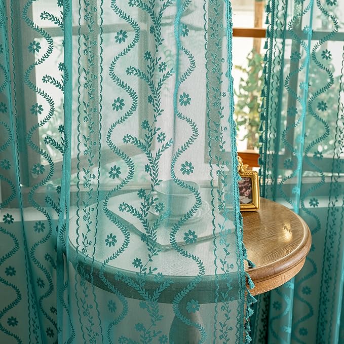 WAZZIO Boho Lace Curtains 2 Panels 84 Inch -Victorian Sheer Panel Drape French Country Floral Pattern & Tassel Light Filtering Privacy for Bedroom Dining Living Room,Coastal Decor,Teal,W52x L84