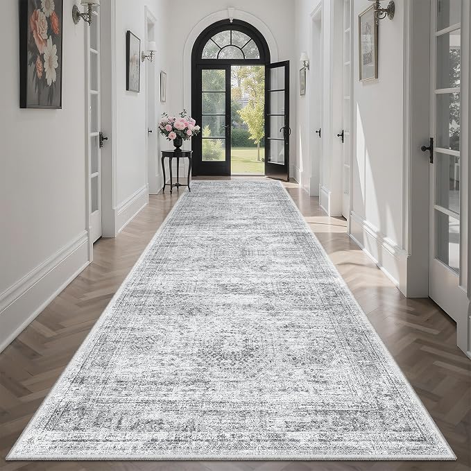 Soalmost Runner Rug 3x10 Washable Non-Slip Hallway Runner Rugs for Kitchen Bathroom Laundry Room Grey Vintage Floor Carpet Runners for Hallways Entryway