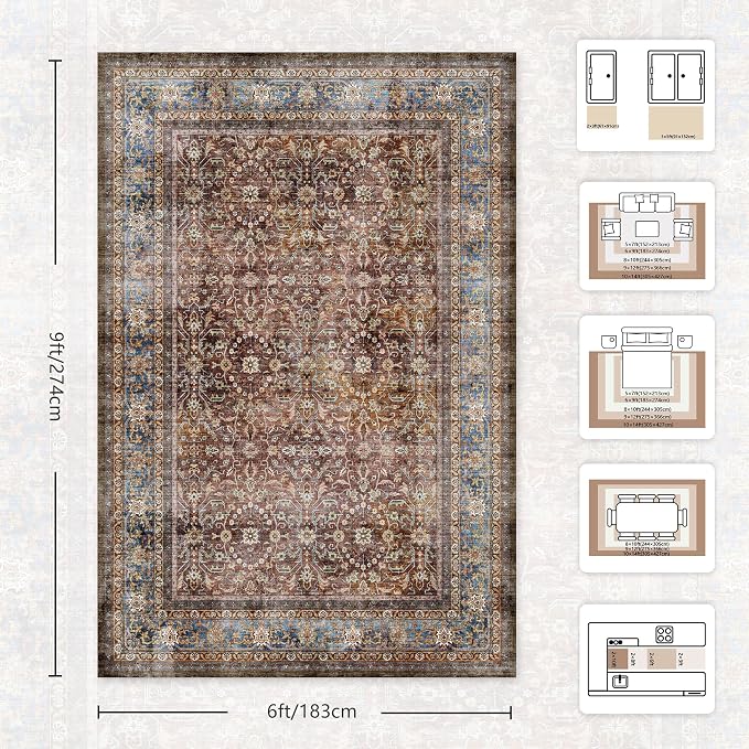 6x9 Area Rugs - Washable Vintage Retro Living Room Rug, Soft Ultra Thin Non Slip Low Pile Traditional Distressed Boho Carpet for Bedroom Dining Room Nursery Home Office, Dark Red Brown