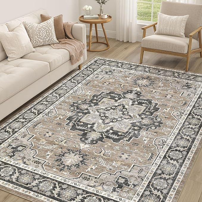 Vintage Living Room Area Rug 6x9 - Large Soft Washable Oriental Traditional Distressed Farmhouse Rugs for Bedroom - Indoor Floor Accent Carpet for Home Office House Decor - Black Brown
