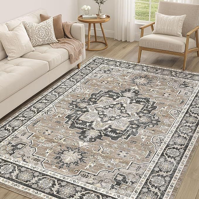 Vintage Living Room Area Rug 5x8 - Large Soft Washable Oriental Traditional Distressed Farmhouse Rugs for Bedroom - Indoor Floor Accent Carpet for Home Office House Decor - Black Brown