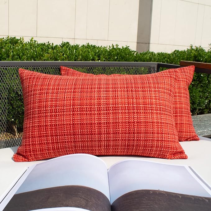 Kevin Textile Outdoor Waterproof Throw Pillow Covers 12x24 Inch Pack of 2 Woven Faux Linen Farmhouse Decorative Water Resistant Lumbar Cushion Covers for Tent Patio Garden Couch Sofa Red