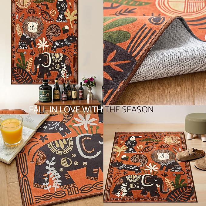jinchan 5x7 Cute Area Rug Kids Washable Fun Rug Terracotta Boho Jungle Indoor Floor Cover Non Slip Safari Lightweight Soft Cozy Carpet for Nursery Playroom Daycare Bedroom Living Room