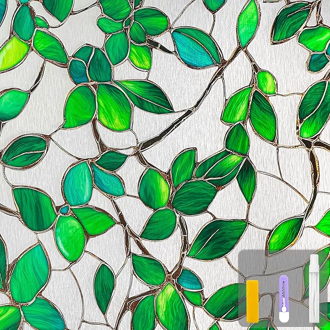 Countewol Greenery Leaf Static Cling Window Film Frosted Stained Glass Privacy Anti-Glare UV Protection for Home & Bathroom (Textured Greenery Leaf, 45.2 x 78.7 in)
