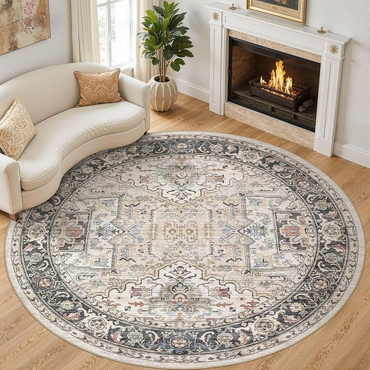 Area Rug for Living Room - 8x8 Large Soft Washable Oriental Vintage Floral Carpet Safe for Babies & Pets - Fade Stain Resistant Non Slip Rugs for Bedroom Dining Room Nursery Dorm Office Home Decor