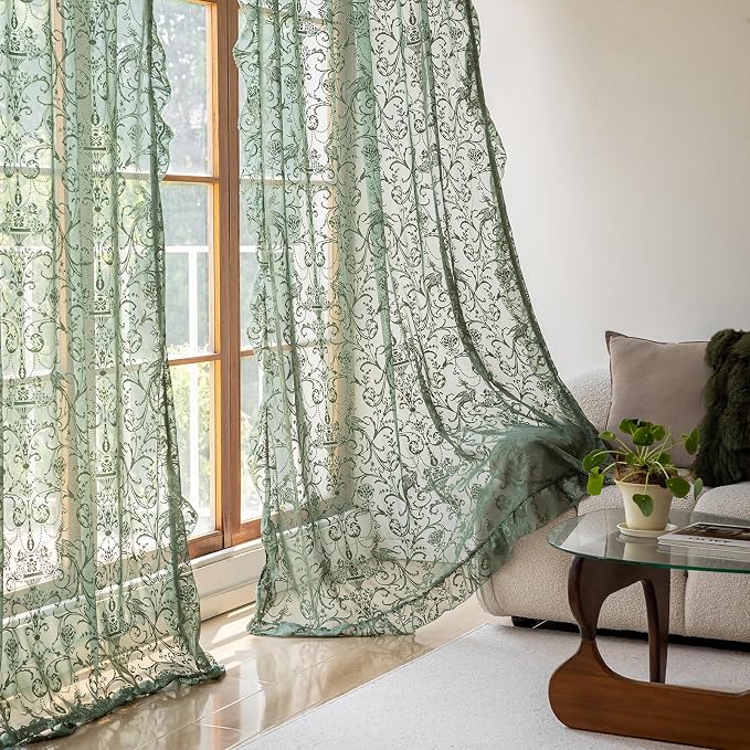 TUDECO Olive Green Lace Curtains 63 Inch Length - Vintage Sheer Floral Ruffle Curtains for Bedroom French Spring Light Privacy Window Treatment Rod Pocket 2 Panels, 59 x 63 Inch, Dark Green