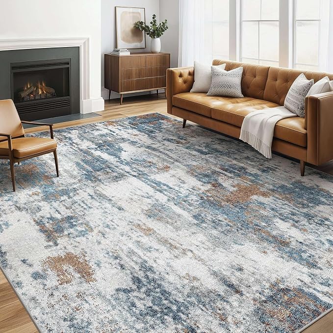 6x9 Area Rugs Living Room: Washable Large Abstract Neutral Modern Soft Rug Stain Resistant Indoor Floor Non-Slip Accent Carpet for Bedroom Nursery Playroom Dining Room Office Dorm Home- Rust Cyan
