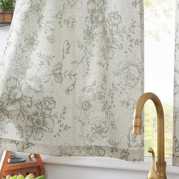 jinchan Floral Linen Tier Curtains Floral Sage on Beige Cafe Curtains 24 Inch Length Kitchen Living Room Bedroom Bathroom Farmhouse Rustic Country Rod Pocket 2 Panels