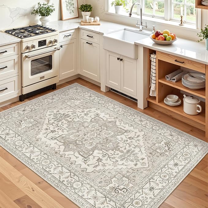 Madane Area Rug 3x5, Washable Vintage Entry Rugs for Bedroom, Beige/Brown | Vintage Entryway Bedroom Non Slip Door Mat Indoor Entrance, Kitchen Runner Living Room Laundry Playroom Soft Floor Carpets