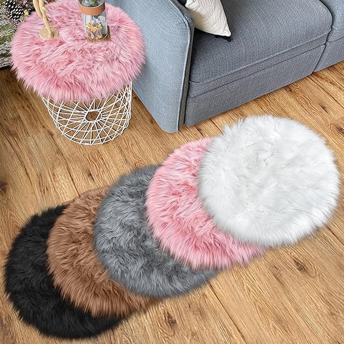 15.7 Inches Mini Pink Round Faux Fur Sheepskin Area Rug, Fluffy Small Circle Rugs Cushion for Chair, Furry Carpet for Nail Desk, Shaggy Circular Rug Plush Rug