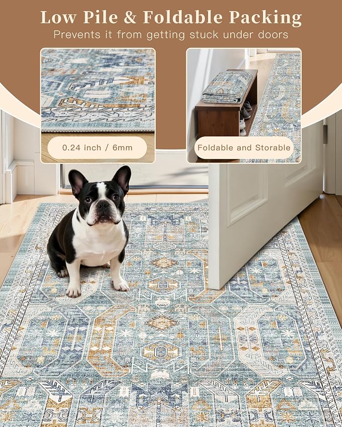 Madane Washable Runner Rugs 2x10 Long for Hallway Kitchen, Blue/Gold | Non-Slip Low-Pile 10ft Rug Runners Soft, Stain-Resistant Floor Carpet Mat for Entrance, Living Dining Laundry Room