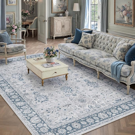 PureCozy 5x7 Area Rug Blue Washable Vintage Carpet Living Room Bedroom Non Slip Stain Soft Resistant Low Pile Thin Boho Accent Indoor Throw Rug for Dining Room Office