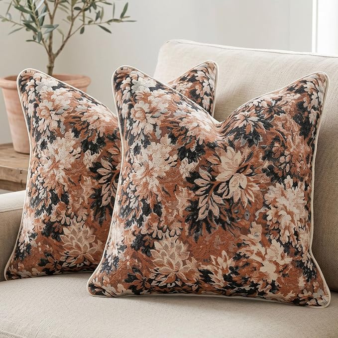 Vintage Floral Throw Pillow Covers 20x20 Inches Set of 2 Boho Farmhouse Pillow Cases Premium Chenille Textured Decorative Cushion Covers for Couch Retro Garden Farmhouse Style Caramel