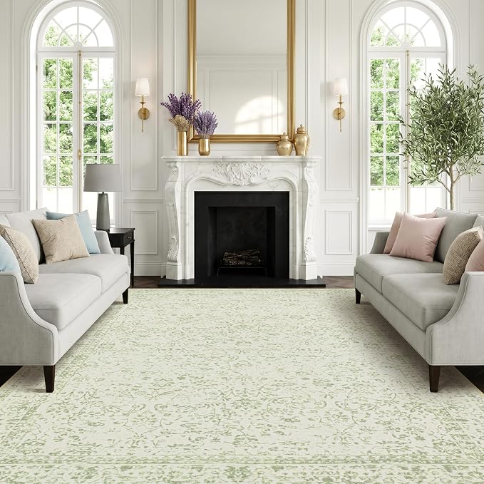 Light Green Nursery Rug Boy Girl 6x9 Area Rugs Washable Non Slip Low Pile Soft Boho Neutral Floral Print Throw Carpet for Living Room Dining Room Sage Green Dining Room Rugs for Under Table 6 x 9