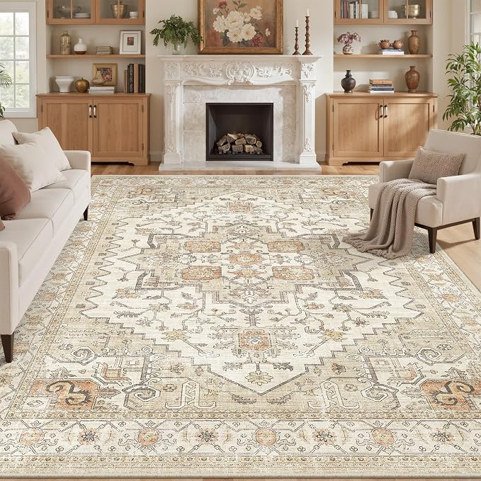 befbee 8x10 Area Rugs for Living Room, Stain Resistant Neutral Washable Rugs for Dining Room, Vintage Non-Slip Thin Large Size Area Rug, Printed Vintage Home Decor Rug(Gold