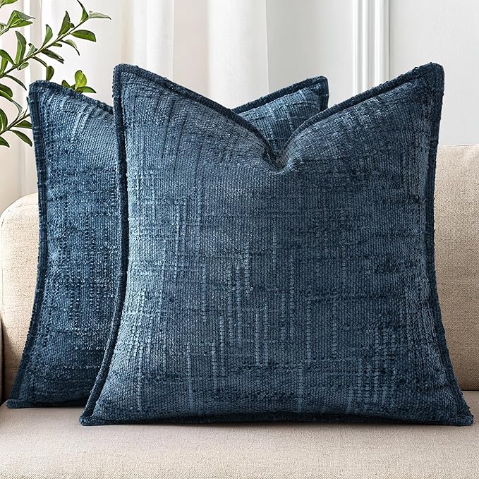 decorUhome Chenille Throw Pillow Covers 26x26 Set of 2, Soft Textured Slubby Modern Decorative Pillow Covers with Elegant Design for Couch, Sofa, Living Room, Navy Blue