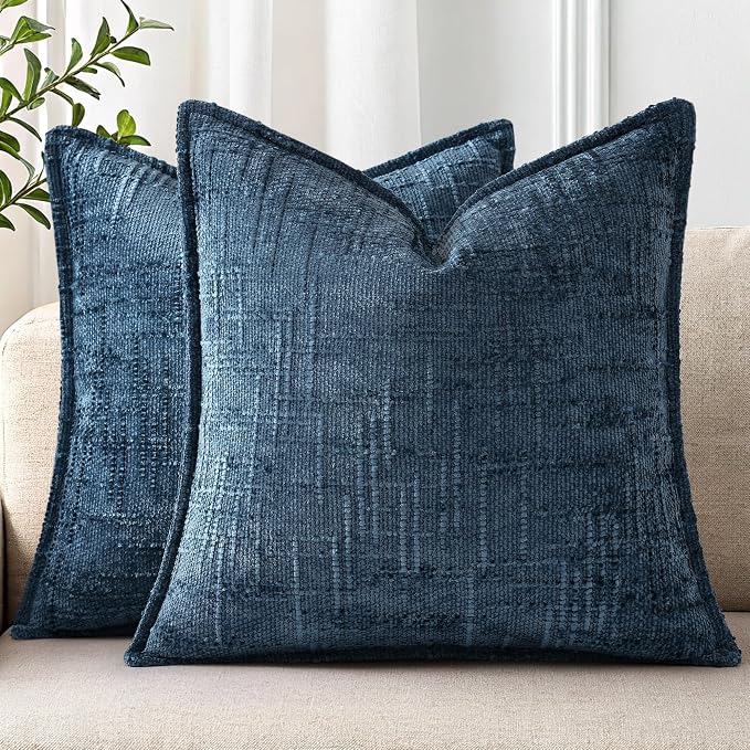 decorUhome Chenille Throw Pillow Covers 20x20 Set of 2, Soft Textured Slubby Modern Decorative Pillow Covers with Elegant Design for Couch, Sofa, Living Room, Navy Blue
