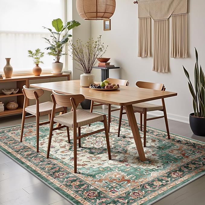 5x7 Area Rugs - Washable Rug Vintage Distress Boho Medallion Rugs for Living Room, Soft Non-Slip Backing Low Pile Carpet for Bedroom Dining Room Office Nursery Dorm Home, Green Brown