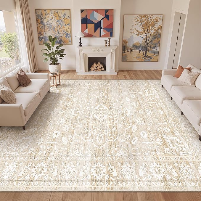 Soalmost Living Room 10x14 Area Rugs, Washable Soft Neutral Rugs Beige | Low Pile Non-Slip Stain Resistant Extra Large Thin Rug, Vintage Throw Carpet for Dining Room Bedroom Farmhouse Home Office