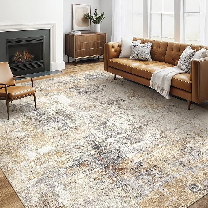 6x8 Area Rug Living Room: Large Washable Abstract Modern Soft Rugs Stain Resistant Indoor Floor Non-Slip Accent Carpet for Bedroom Nursery Playroom Dining Room Office Dorm Home Decor- Grey Gold