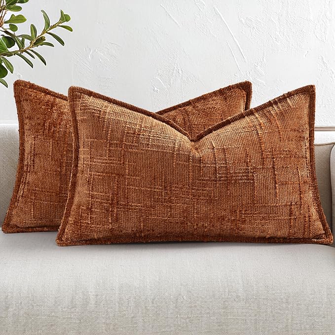 decorUhome Chenille Fall Throw Pillow Covers 12x20 Set of 2, Soft Textured Slubby Modern Decorative Pillow Covers with Elegant Design for Couch, Sofa, Living Room, Rust