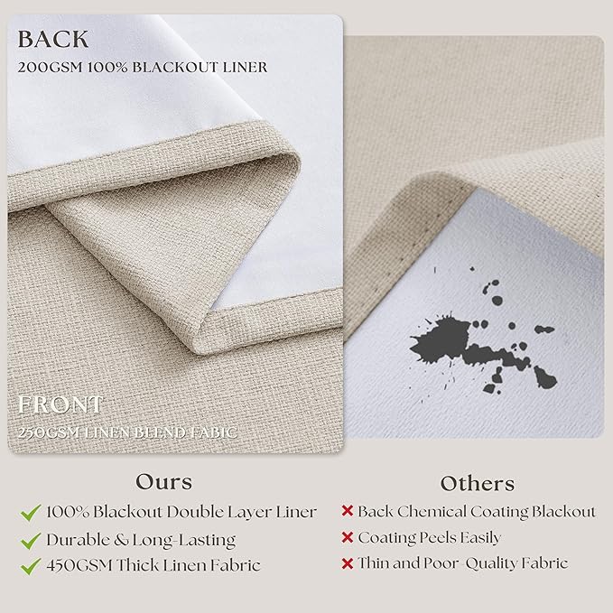 Pinch Pleated Blackout Linen Curtains 84 Inch Long for Living Room Bedroom Room Darkening Thick Linen Curtain 84 Inch Length 2 Panels Set Double Layer Boho Farmhouse Cream Ivory Natural Window Drapes