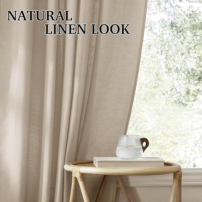 RYB HOME Guaze Burlap Curtains 95 inches Long, Large Window Treatment Back Tab Thick Linen Texture Fabric Privacy Added Drapery for Sliding Glass Door, Taupe, W 52 x L 95 inches, 2 Panels Set