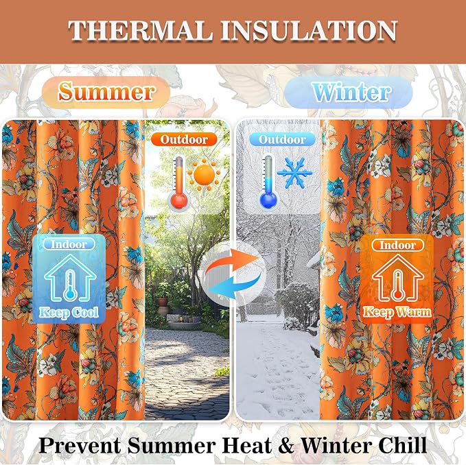 MYSKY HOME Floral 95% Blackout Curtains 108 inches Length 2 Panels Set Black Out Thermal Insulated Privacy Protect Vintage Spring Window Treatment Grommet Top for Living Room Dining Room, Orange