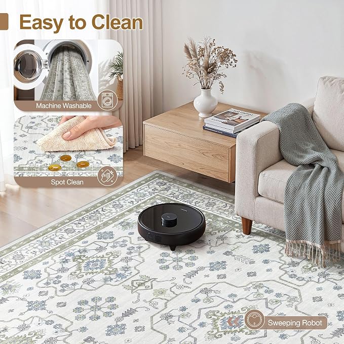 Area Rug 6x9 for Living Room - Washable Oriental Vintage Floral Distressed Large Indoor Carpets with Non Slip Back for Bedroom Dining Room Nursery Office Home Decor -Light Green
