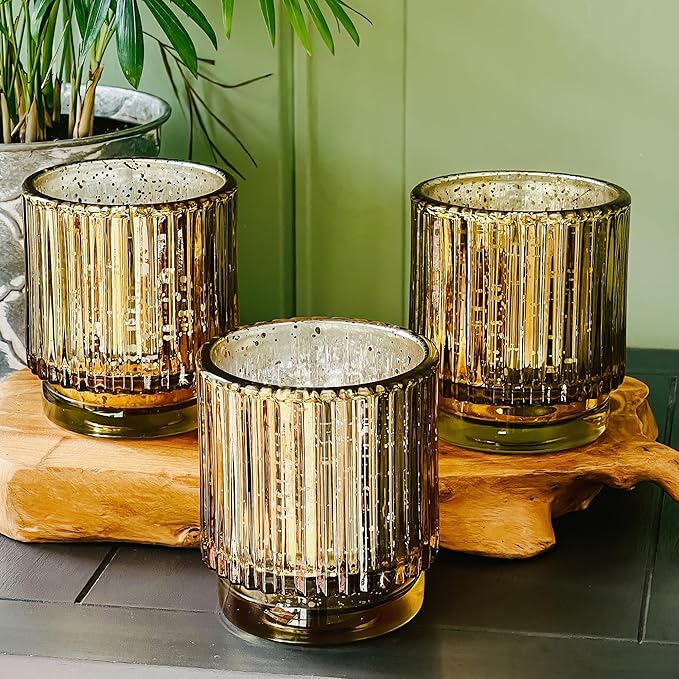 Gold Vintage Ribbed Glass Tealight Votive Candle Holders by Kate Aspen (Set of 6), Fall Decor, Boho Decor, Shelf Decoration | Perfect Hostess Gift or Home Decor (Pack of 6)