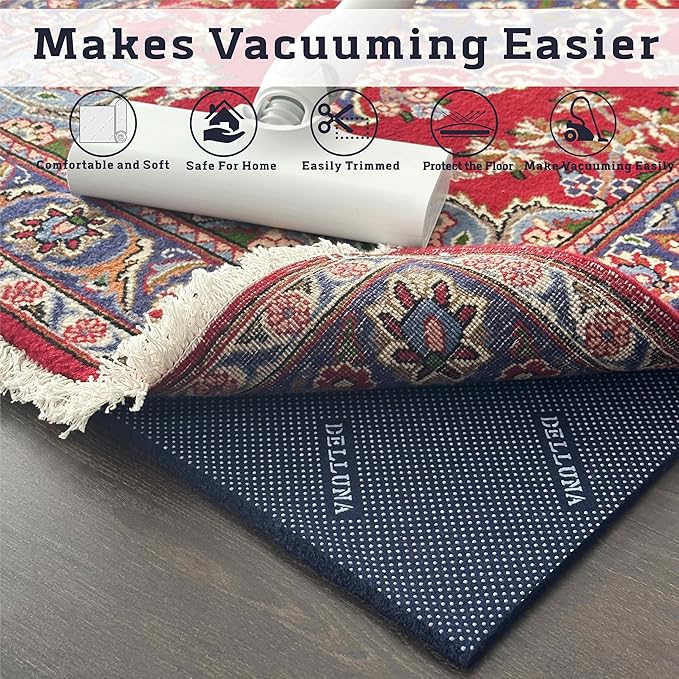 DELLUNA Non-Slip Area Rug Pad 3/8" Thick Double Side Rubber + Felt, 2'x4' Premium Deluxe Cushioned- Safe for All Floors, Adds Comfort and Protection, Ultra Strong Grip, Stop Rug from Moving.