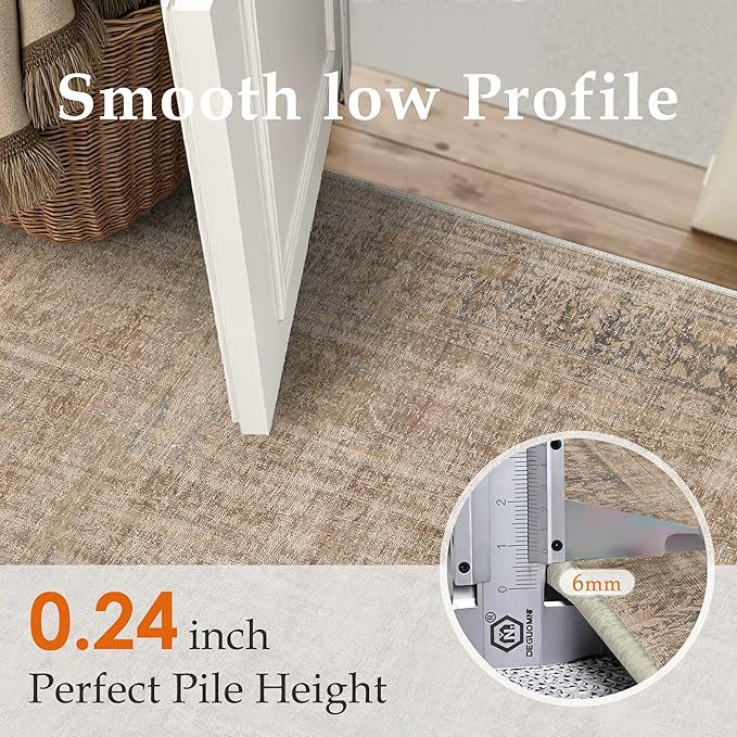 HUGEAR Retro 2x8 Washable Runner Rugs Brown Hallway Bedroom Kitchen Throw Carpet Vintage Distressed Neutral Stain Resistant Non Slip & Shedding Low Pile for Home Aesthetic Decor