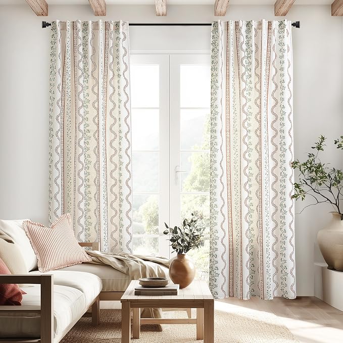 Terracotta and Green Boho Floral Linen Curtains,Farmhouse Striped Sheer Bohemian Curtains for Bedroom Living Room 96 Inches Long 2 Panel Set