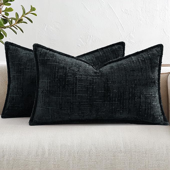 decorUhome Chenille Throw Pillow Covers 12x20 Set of 2, Soft Textured Slubby Modern Decorative Pillow Covers with Elegant Design for Couch, Sofa, Living Room, Black