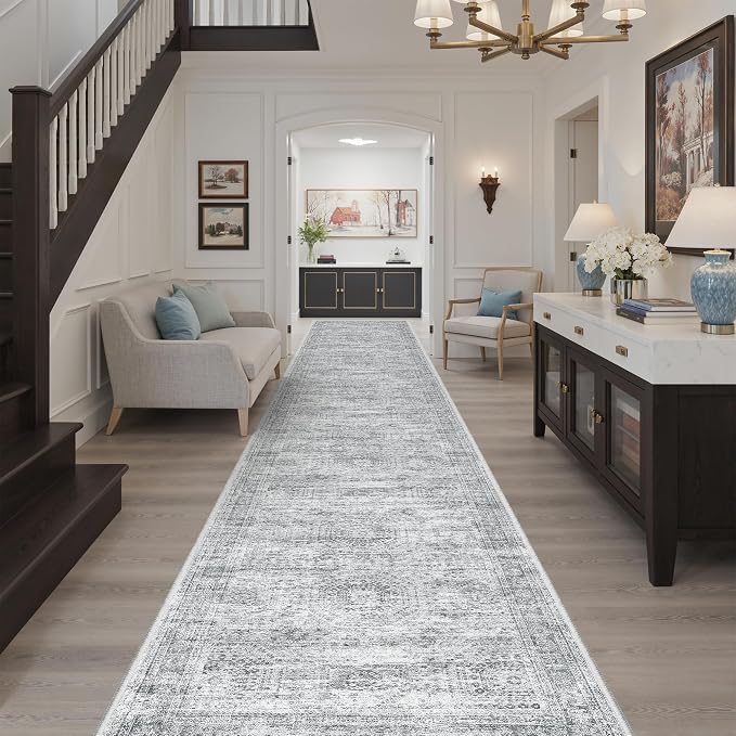 Soalmost Hallway Runner Rug 3x16 - Vintage Non Slip Washable 16ft Kitchen Runner for Entrance Soft Long Carpet Runners for Living Room Bedroom Dining Room, Grey