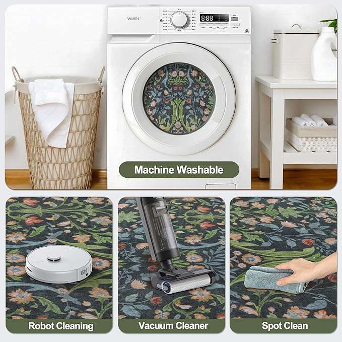 Tangsoo Green Washable Entry Rug, 2x3 Small Area Throw Rugs for Entryway Non Slip, Vintage Floral Thin Rug for Kitchen Bedroom, Low Pile Floor Carpet Front Door Mat for Entrance Bathroom Foyer Decor