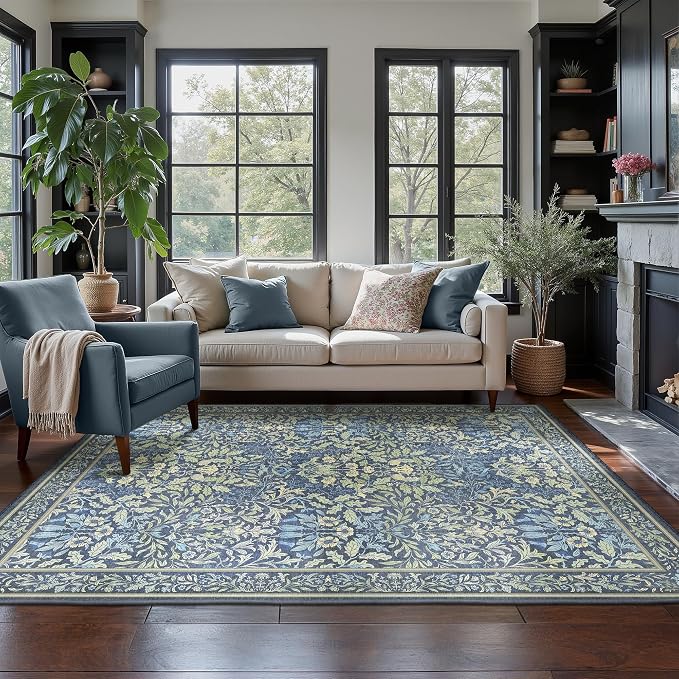 GENIMO 5x7 Washable Area Rugs for Living Room, Non Slip, Dark Blue | Vintage Boho Floral Low Pile Thin Carpet for Bedroom, Dining Room, Nursery, Indoor Decor
