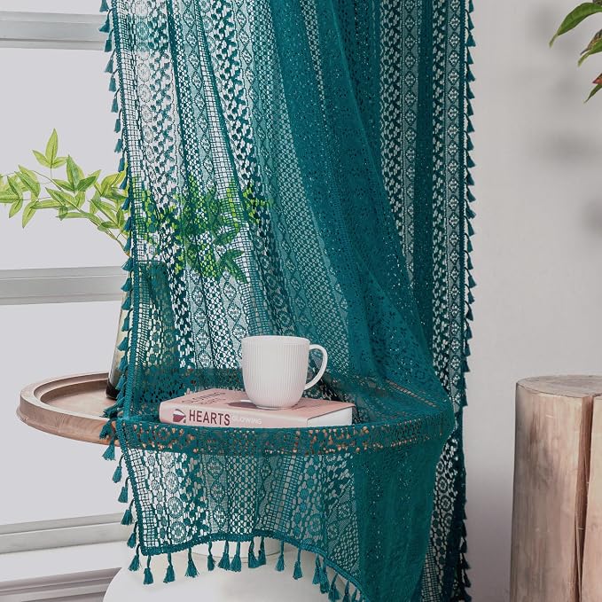 WAZZIO Boho Lace Curtains 72 Inches 2 Panel,Light Filtering Privacy Tassel & Geometry Crochet Semi Sheer Curtain Drapes for Bedroom Living Dining Room,Rod Pocket & Tassel,Coastal Style,Teal